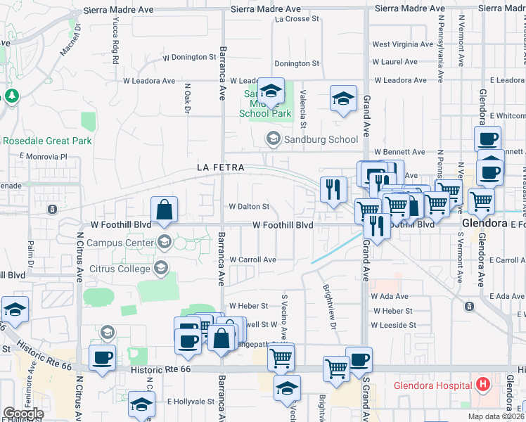 map of restaurants, bars, coffee shops, grocery stores, and more near 754 West Dalton Street in Glendora