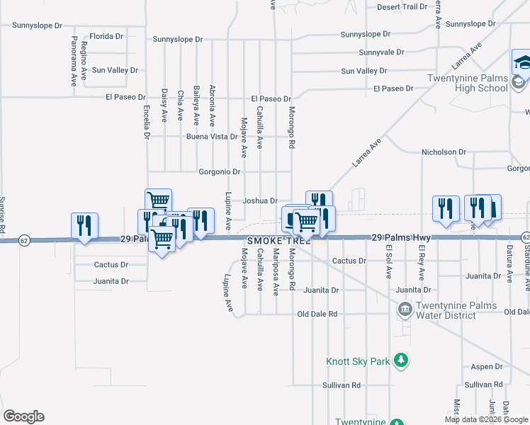 map of restaurants, bars, coffee shops, grocery stores, and more near 6435 Cahuilla Avenue in Twentynine Palms