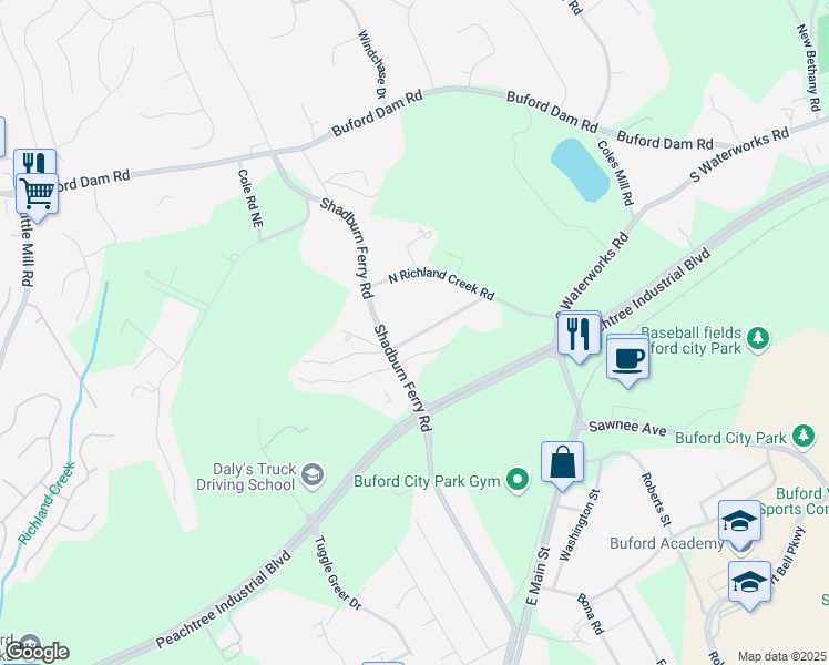 map of restaurants, bars, coffee shops, grocery stores, and more near 2438 Shadburn Ferry Drive in Buford