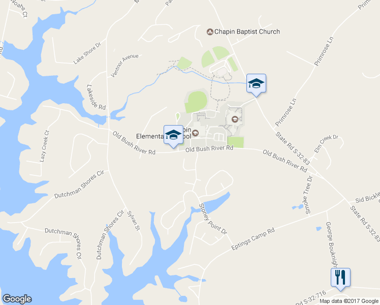 map of restaurants, bars, coffee shops, grocery stores, and more near 967 Old Bush River Road in Chapin