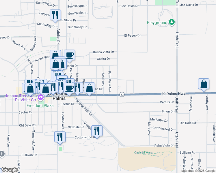 map of restaurants, bars, coffee shops, grocery stores, and more near 6446 Palm View Avenue in Twentynine Palms