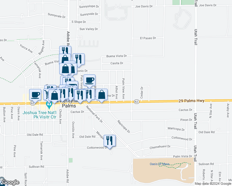 map of restaurants, bars, coffee shops, grocery stores, and more near 6452 Athol Avenue in Twentynine Palms