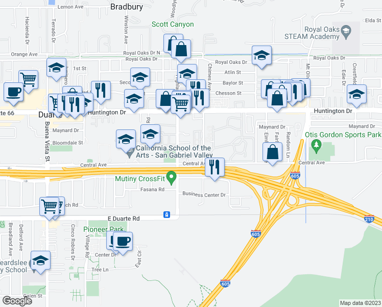 map of restaurants, bars, coffee shops, grocery stores, and more near 1827 Orange Grove Road in Duarte