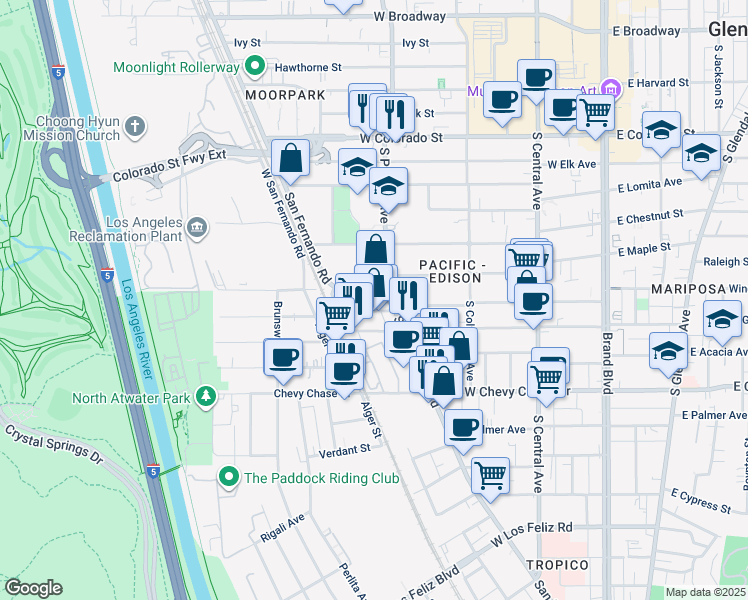 map of restaurants, bars, coffee shops, grocery stores, and more near 4647 San Fernando Road in Glendale