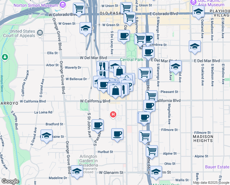 map of restaurants, bars, coffee shops, grocery stores, and more near 76 Palmetto Drive in Pasadena