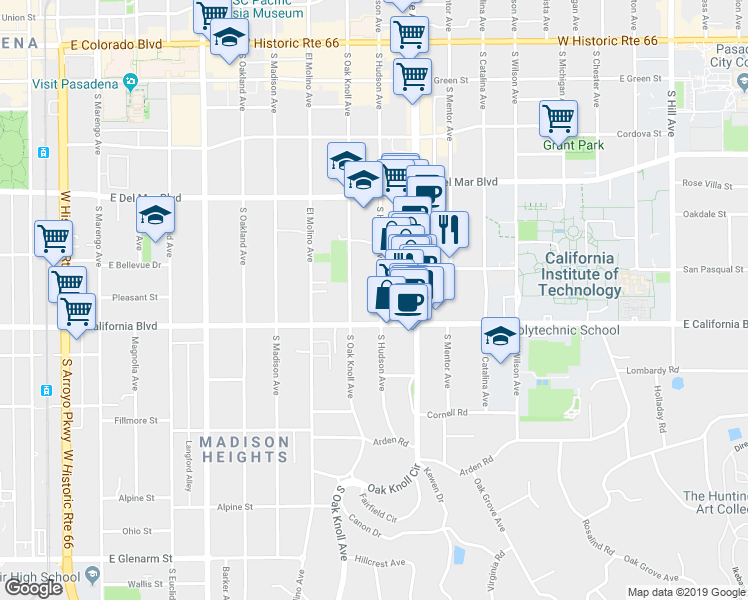 map of restaurants, bars, coffee shops, grocery stores, and more near 523 South Hudson Avenue in Pasadena