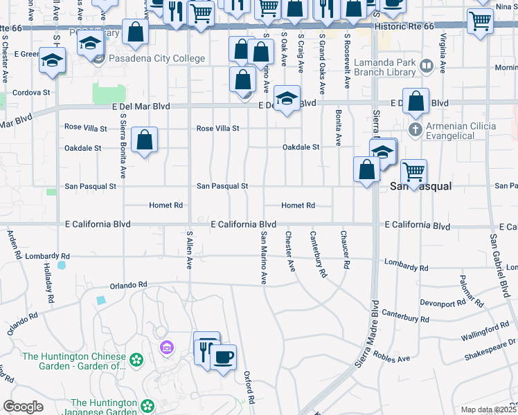 map of restaurants, bars, coffee shops, grocery stores, and more near 557 San Marino Avenue in San Marino