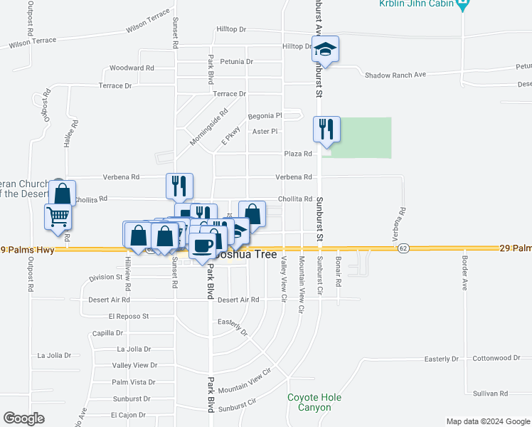 map of restaurants, bars, coffee shops, grocery stores, and more near 6426 Valley View Street in Joshua Tree