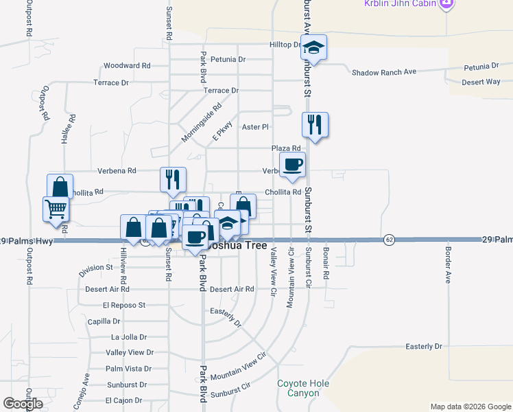 map of restaurants, bars, coffee shops, grocery stores, and more near 6424 Valley View Street in Joshua Tree