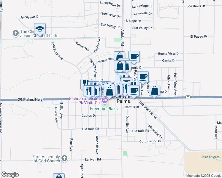 map of restaurants, bars, coffee shops, grocery stores, and more near 6443 Smoketree Avenue in Twentynine Palms