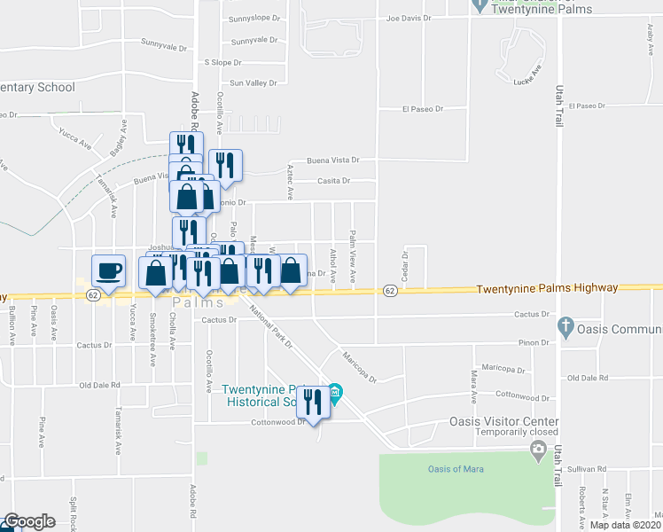 map of restaurants, bars, coffee shops, grocery stores, and more near 6444 Athol Avenue in Twentynine Palms