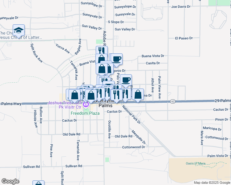 map of restaurants, bars, coffee shops, grocery stores, and more near 6444 Palo Verde Avenue in Twentynine Palms