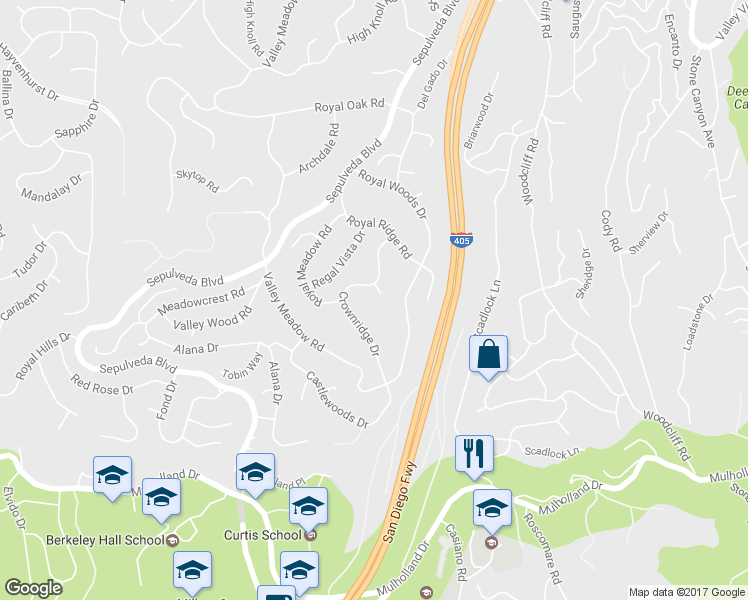 map of restaurants, bars, coffee shops, grocery stores, and more near 15656 Crownridge Place in Los Angeles