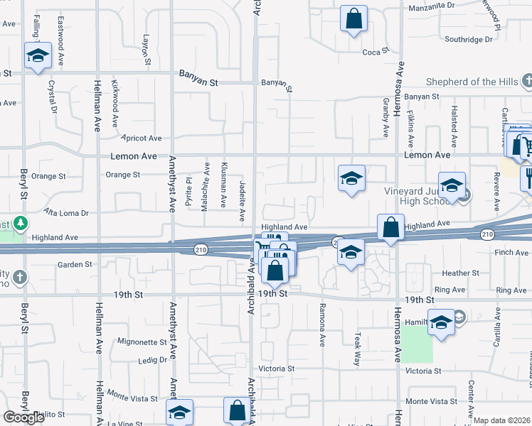 map of restaurants, bars, coffee shops, grocery stores, and more near 9741 Caldaro Street in Rancho Cucamonga