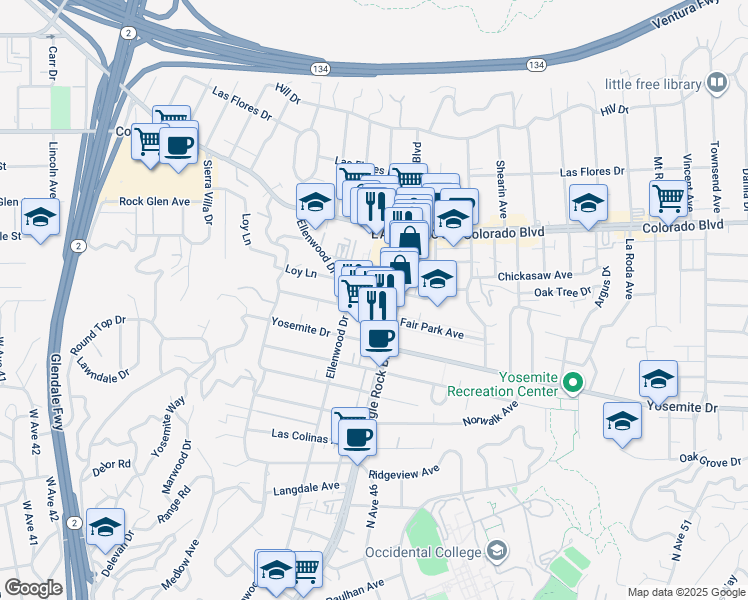 map of restaurants, bars, coffee shops, grocery stores, and more near 2257 Fair Park Avenue in Los Angeles
