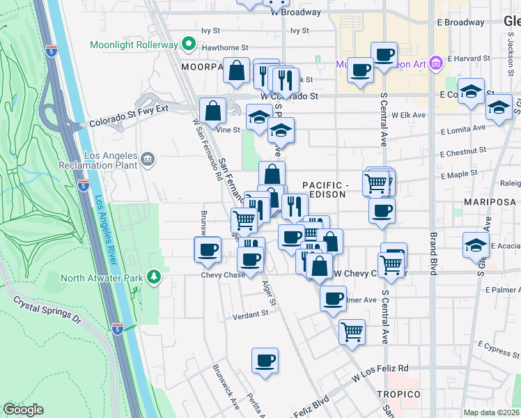map of restaurants, bars, coffee shops, grocery stores, and more near 4667 San Fernando Road in Glendale