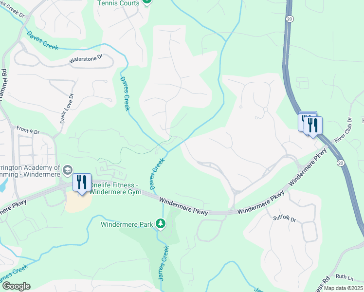 map of restaurants, bars, coffee shops, grocery stores, and more near 1071 Windermere Crossing in Cumming