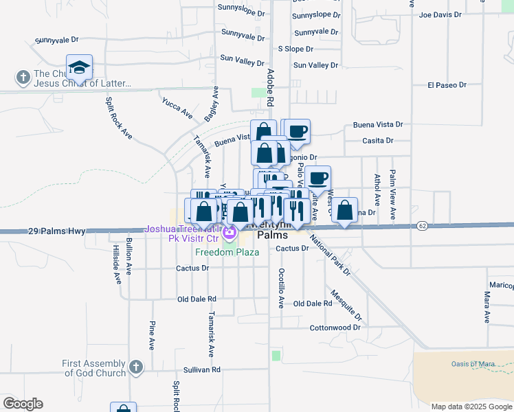 map of restaurants, bars, coffee shops, grocery stores, and more near 6433 Cholla Avenue in Twentynine Palms