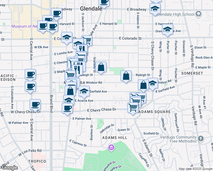 map of restaurants, bars, coffee shops, grocery stores, and more near 704 East Windsor Road in Glendale