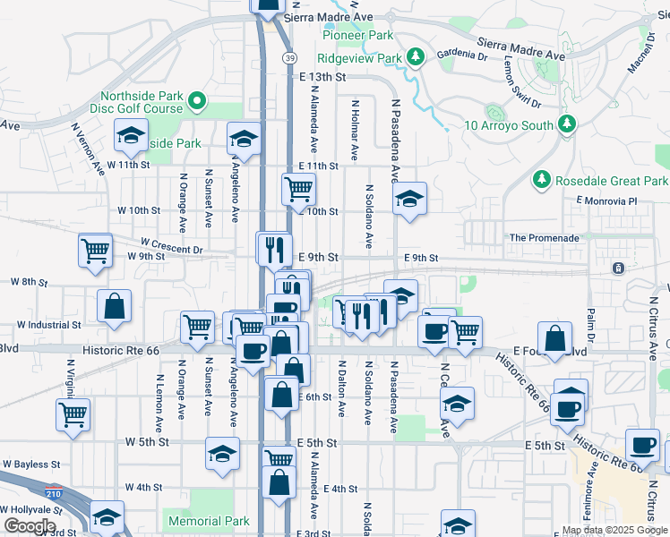 map of restaurants, bars, coffee shops, grocery stores, and more near 813 North Dalton Avenue in Azusa