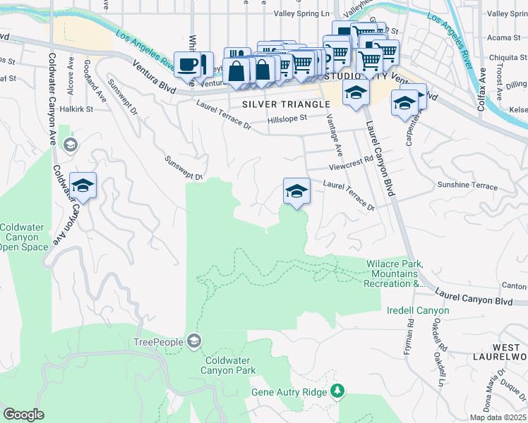 map of restaurants, bars, coffee shops, grocery stores, and more near 3639 Shady Oak Road in Los Angeles