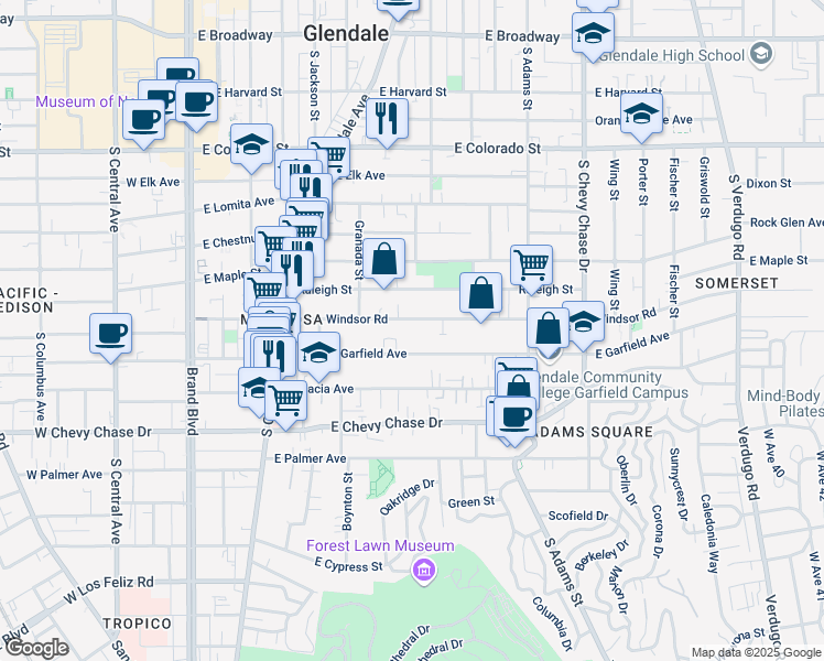 map of restaurants, bars, coffee shops, grocery stores, and more near 712 East Windsor Road in Glendale