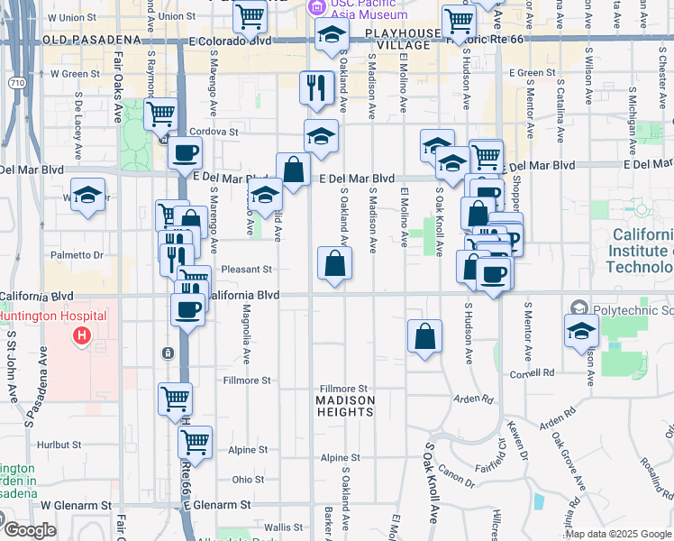 map of restaurants, bars, coffee shops, grocery stores, and more near 525 South Oakland Avenue in Pasadena