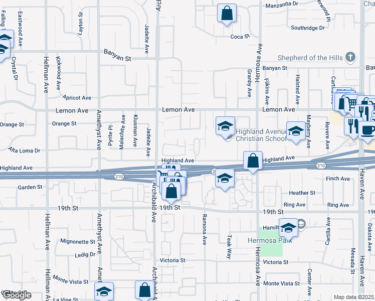 map of restaurants, bars, coffee shops, grocery stores, and more near 6473 Aleatico Place in Rancho Cucamonga