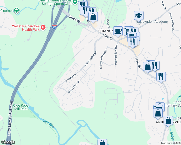 map of restaurants, bars, coffee shops, grocery stores, and more near 613 Sweet Bay Ridge in Woodstock