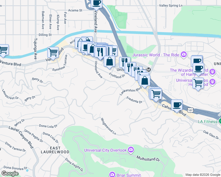 map of restaurants, bars, coffee shops, grocery stores, and more near 10868 Willowcrest Place in Los Angeles