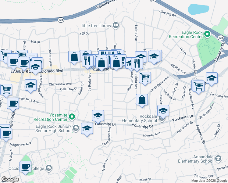 map of restaurants, bars, coffee shops, grocery stores, and more near 4960 Townsend Avenue in Los Angeles
