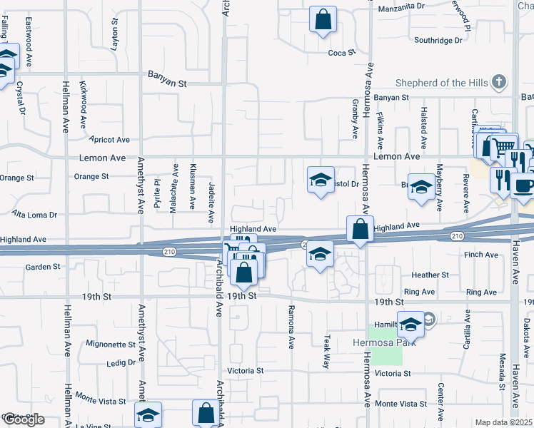 map of restaurants, bars, coffee shops, grocery stores, and more near 6473 Aleatico Place in Rancho Cucamonga