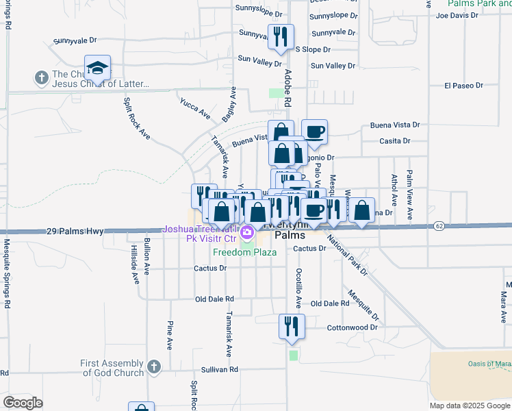 map of restaurants, bars, coffee shops, grocery stores, and more near 6432 Smoketree Avenue in Twentynine Palms