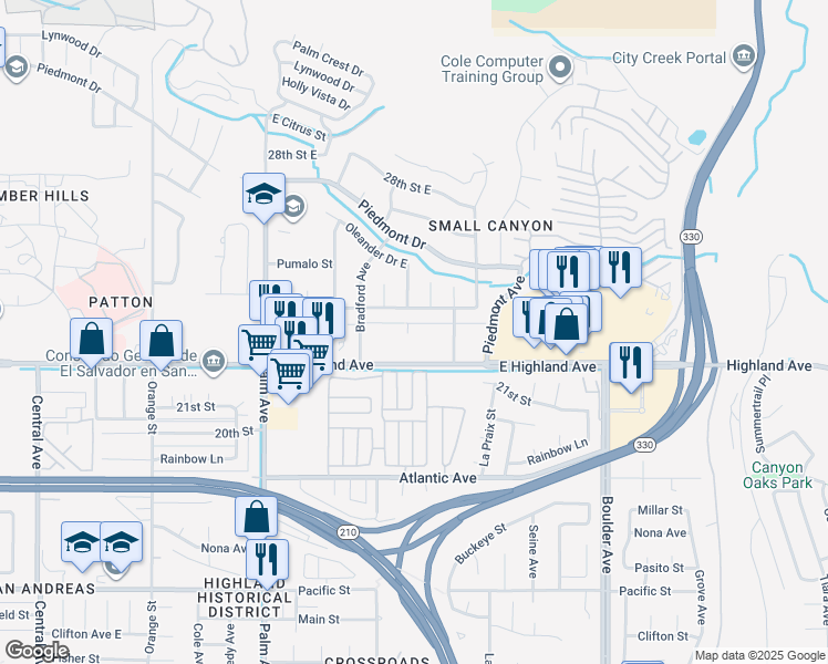 map of restaurants, bars, coffee shops, grocery stores, and more near 3905 Orchid Drive East in Highland