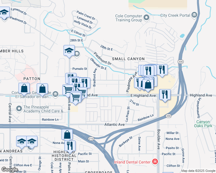 map of restaurants, bars, coffee shops, grocery stores, and more near 3905 Orchid Drive East in Highland