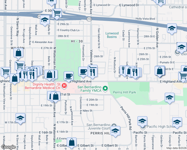 map of restaurants, bars, coffee shops, grocery stores, and more near 728 East 23rd Street in San Bernardino