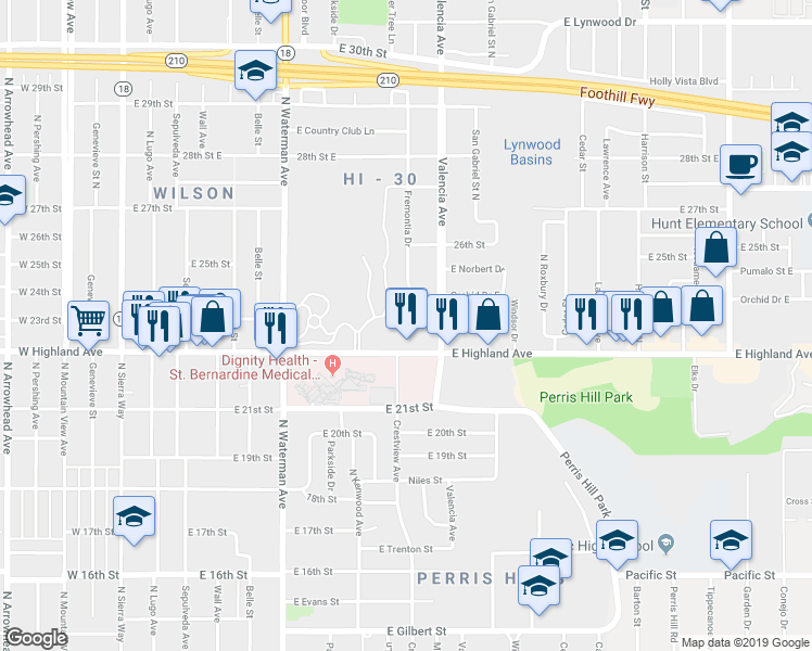 map of restaurants, bars, coffee shops, grocery stores, and more near 2300 Fremontia Drive in San Bernardino
