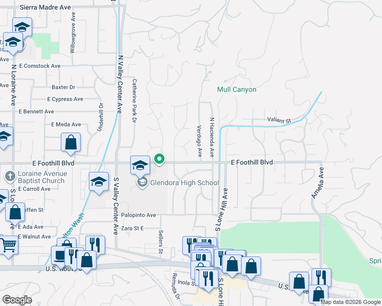 map of restaurants, bars, coffee shops, grocery stores, and more near 127 Verdugo Avenue in Glendora
