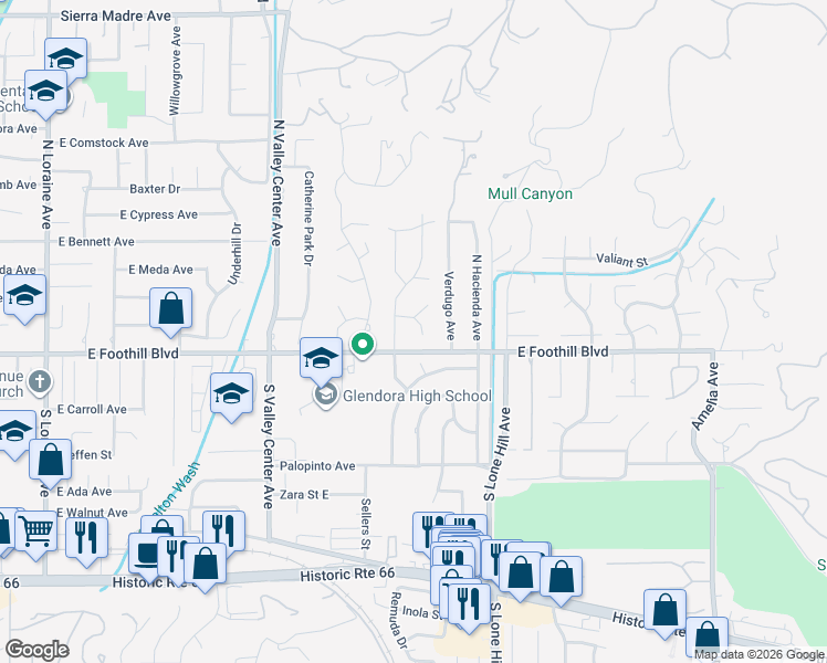 map of restaurants, bars, coffee shops, grocery stores, and more near 124 Whispering Oaks Drive in Glendora