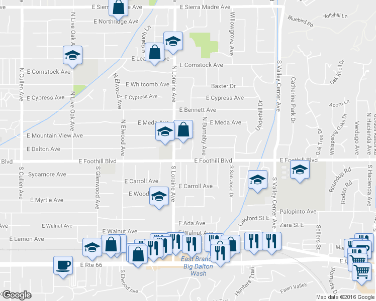 map of restaurants, bars, coffee shops, grocery stores, and more near 128 Pflueger Avenue in Glendora