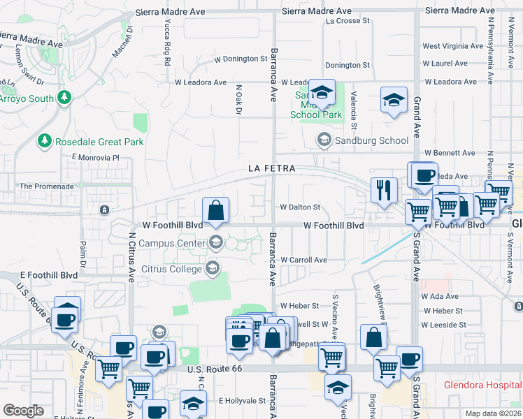 map of restaurants, bars, coffee shops, grocery stores, and more near 910 Brantfell Place in Glendora