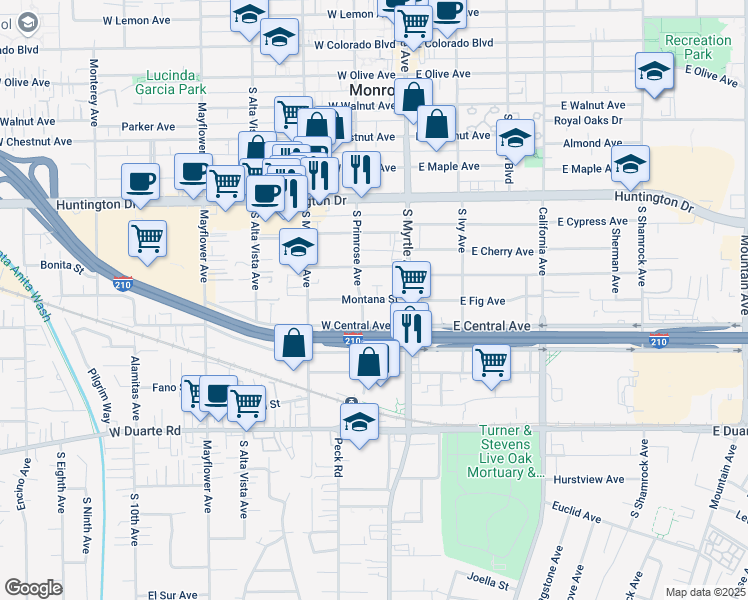 map of restaurants, bars, coffee shops, grocery stores, and more near 131 Montana Street in Monrovia