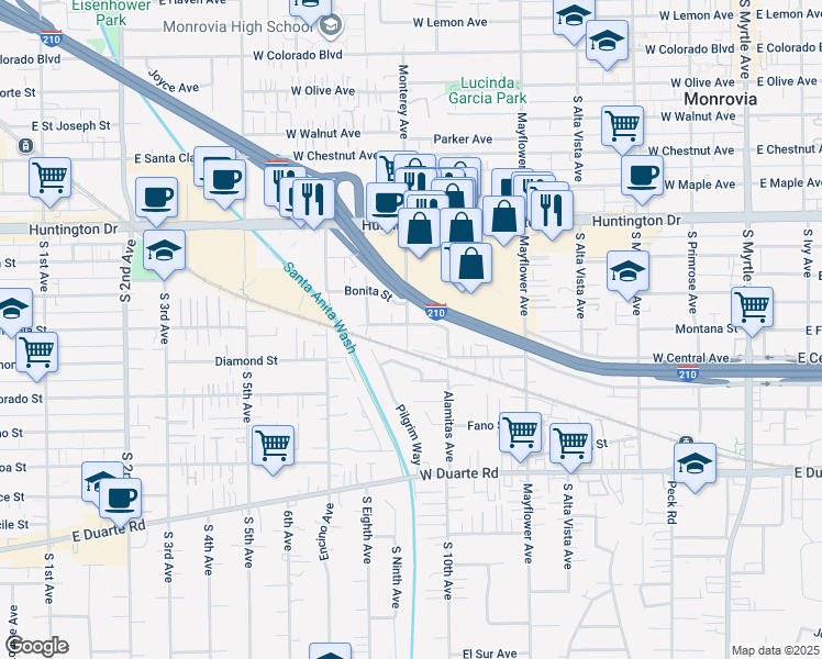 map of restaurants, bars, coffee shops, grocery stores, and more near 650 Montana Street in Monrovia