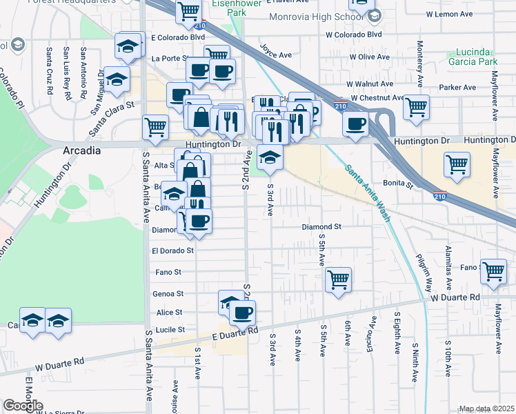 map of restaurants, bars, coffee shops, grocery stores, and more near 219 California Street in Arcadia
