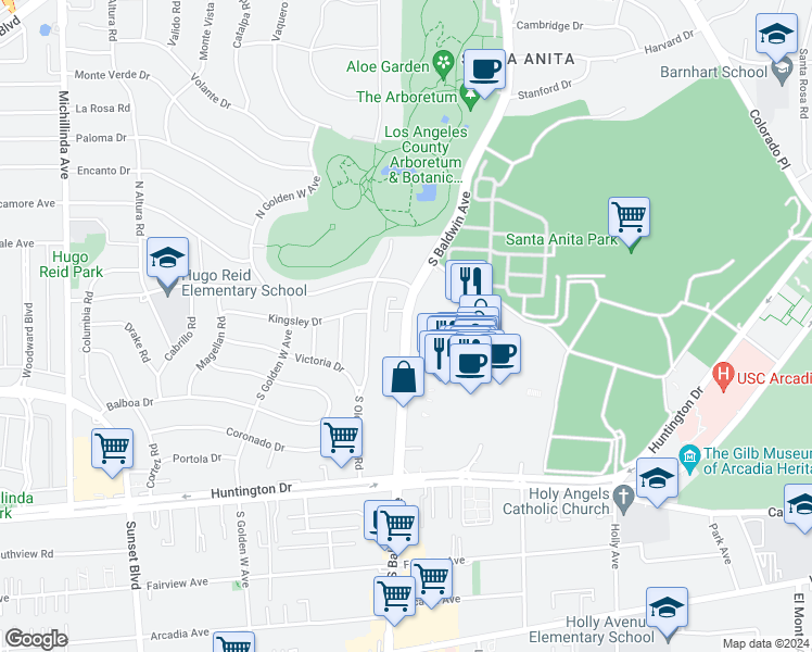 map of restaurants, bars, coffee shops, grocery stores, and more near 303 South Baldwin Avenue in Arcadia