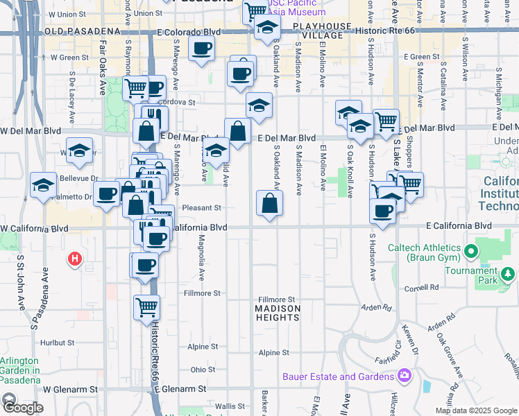 map of restaurants, bars, coffee shops, grocery stores, and more near 515 South Los Robles Avenue in Pasadena