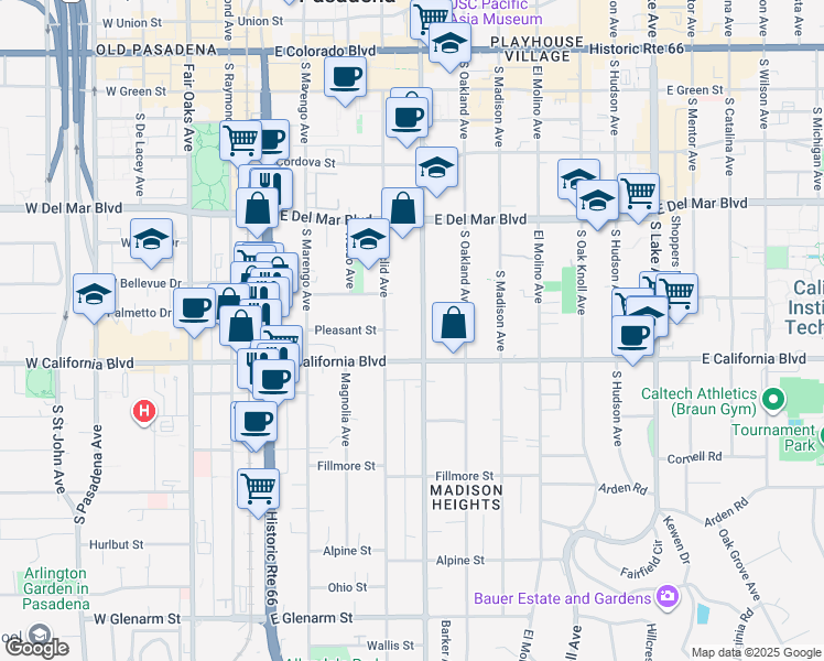 map of restaurants, bars, coffee shops, grocery stores, and more near 515 South Los Robles Avenue in Pasadena