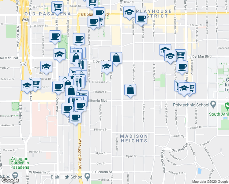 map of restaurants, bars, coffee shops, grocery stores, and more near 505 South Euclid Avenue in Pasadena
