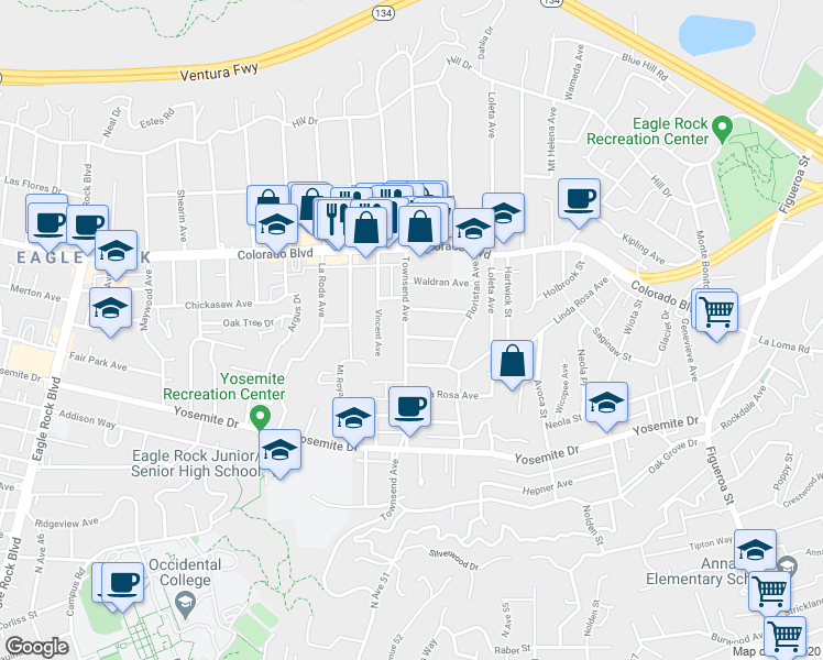 map of restaurants, bars, coffee shops, grocery stores, and more near 4960 Townsend Avenue in Los Angeles