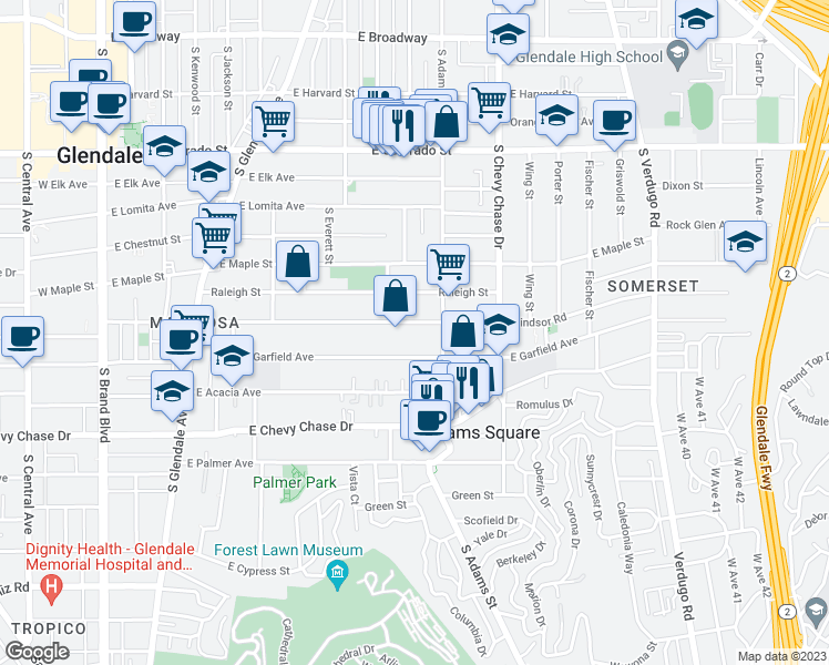 map of restaurants, bars, coffee shops, grocery stores, and more near 912 East Windsor Road in Glendale